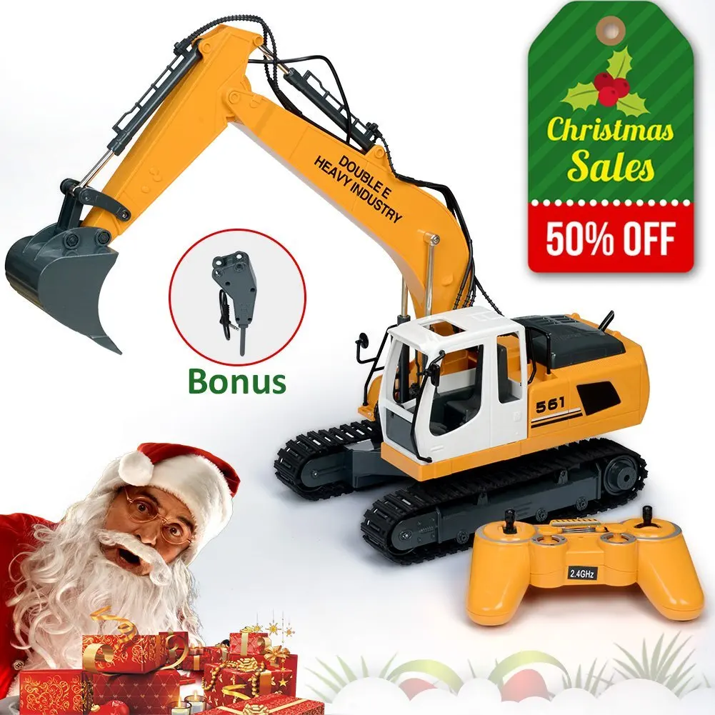 double e 17 channel full functional remote control truck metal shovel rc excavator with 2 bonus drill and grasp
