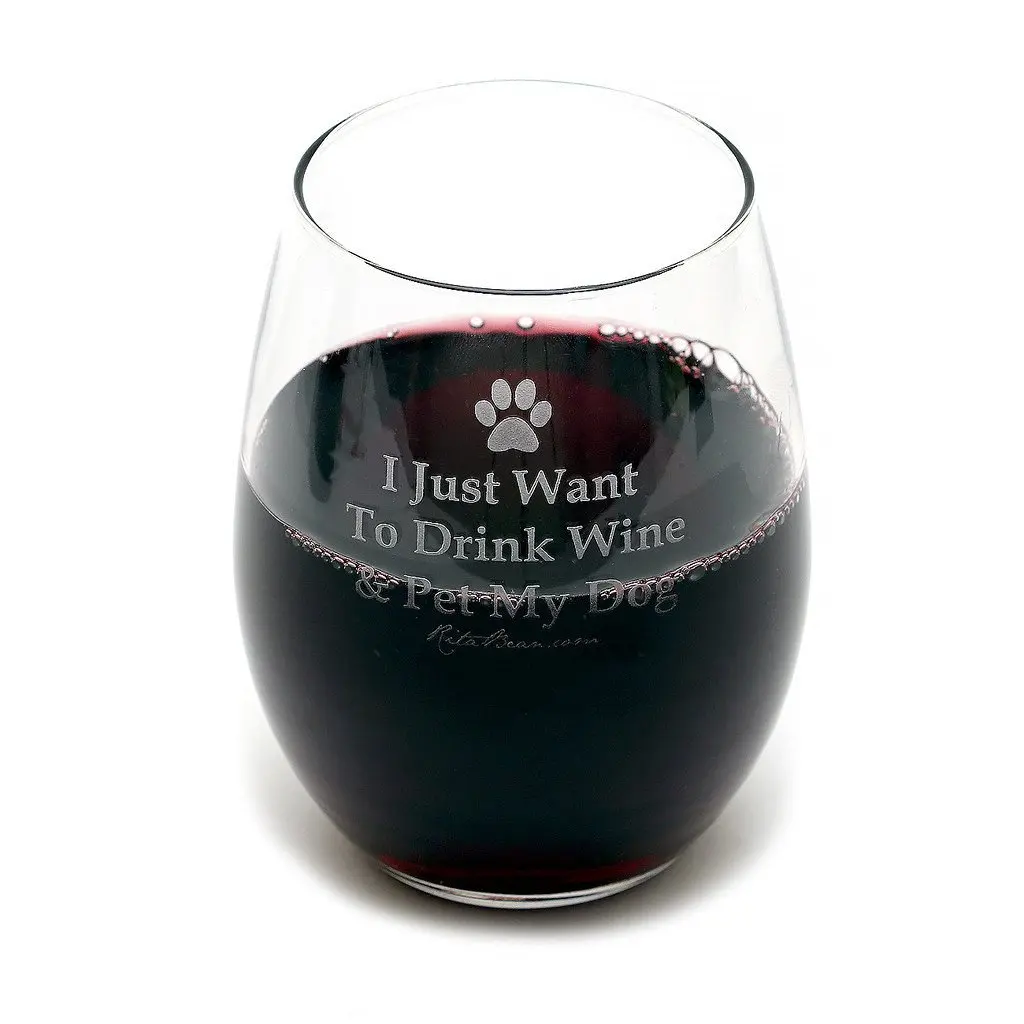 Rita Bean Stemless Wine Glass - I Just Want To Drink Wine & Pet My Dog (Laser Etched) - Single Glass
