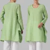 Custom Wholesale Plus Size Woman Lady Shirt Blouses Design Pockets Gauzy Haizy Cotton 100% Natural Linen Long Sleeve Tunic Top