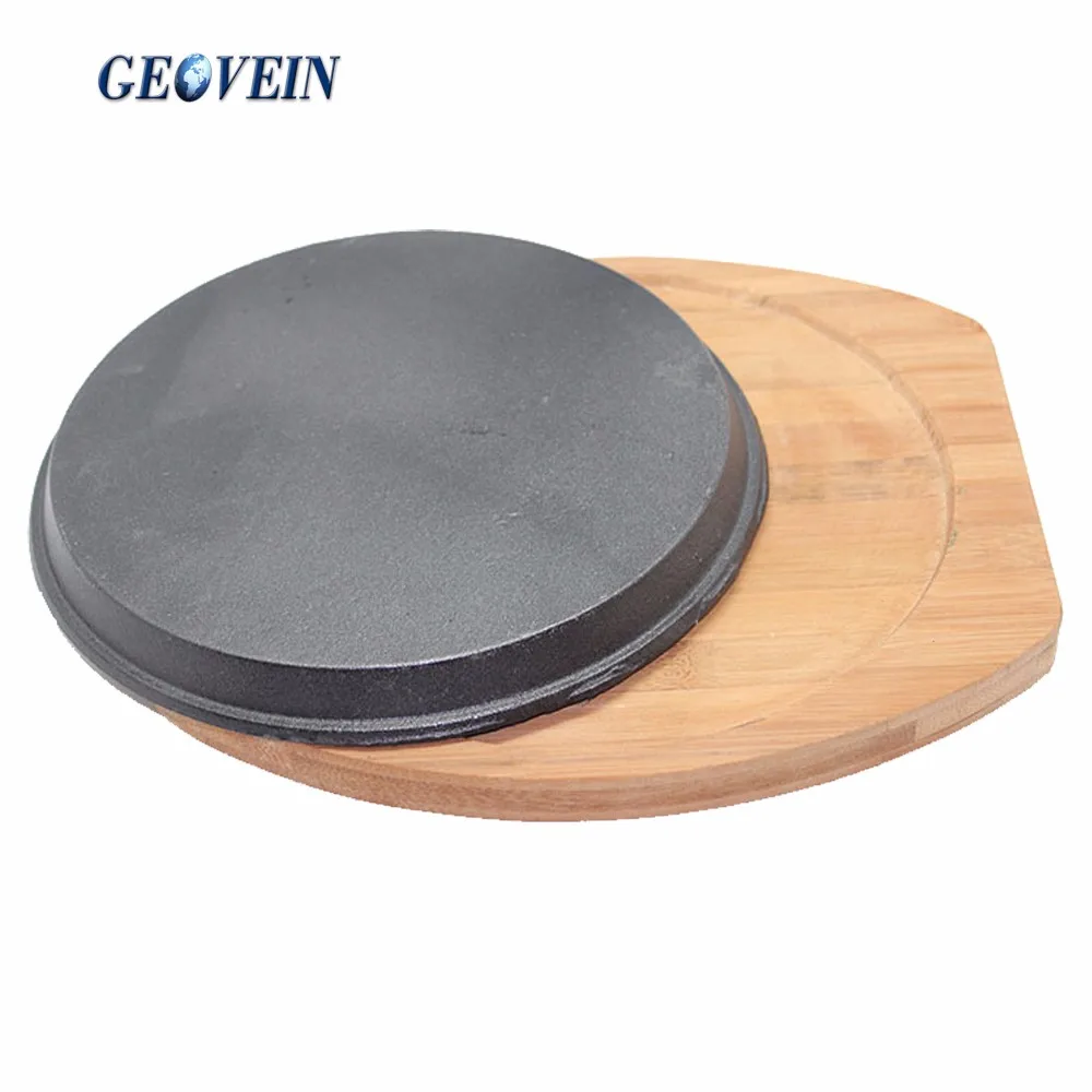 Asda Hot Selling Wooden Base Cast Iron Sizzler Plate Round Serving Pan Buy Round Cast Iron