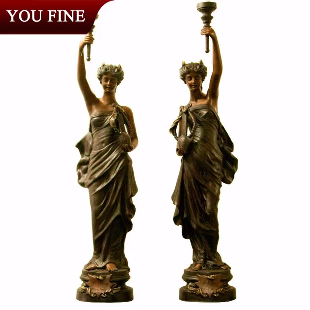 casting bronze sexy lady with lamp sculpture for outdoor