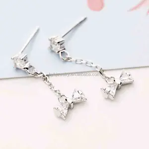High quality factory supply daily wear bowknot earring new stud rhodium plating long chain earrings girls