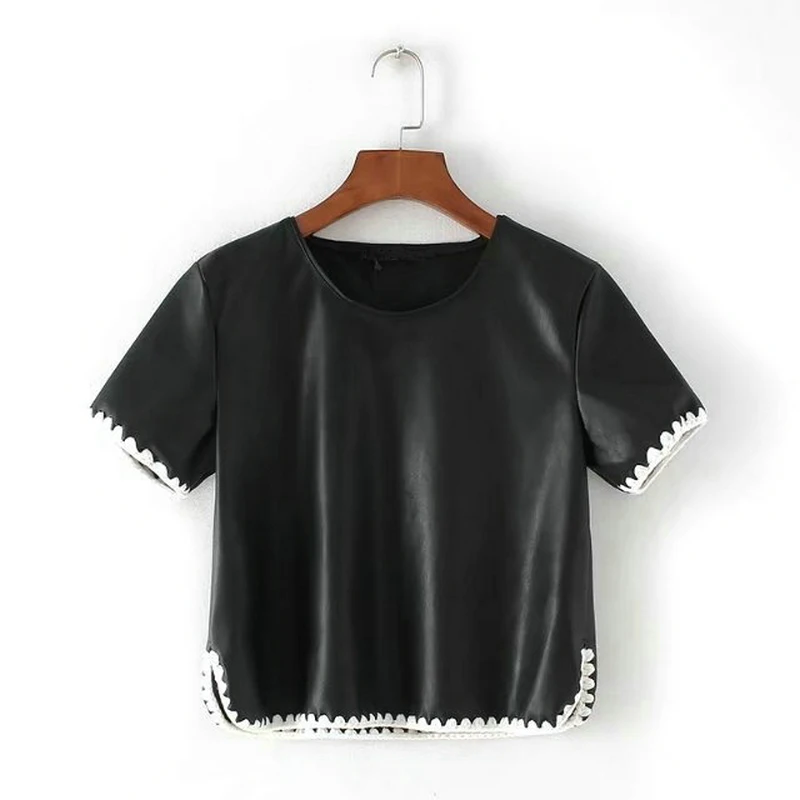 セクシーなファッション女性puレザーかぎ針編みブラウス黒シャツoネック半袖ニット織りシャツレディースカジュアルミニトップス Buy レディース 革シャツ 女性puかぎ針編みのブラウス 女性puミニシャツ Product On Alibaba Com