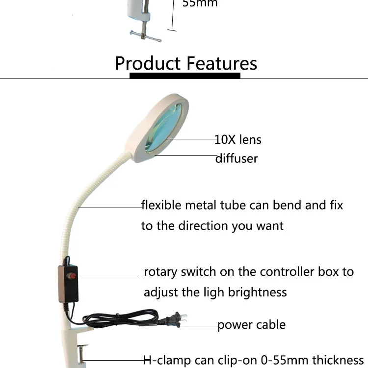 PD-032A desk clamp dimmable magnifying  glass with led lamp laboratory magnifier