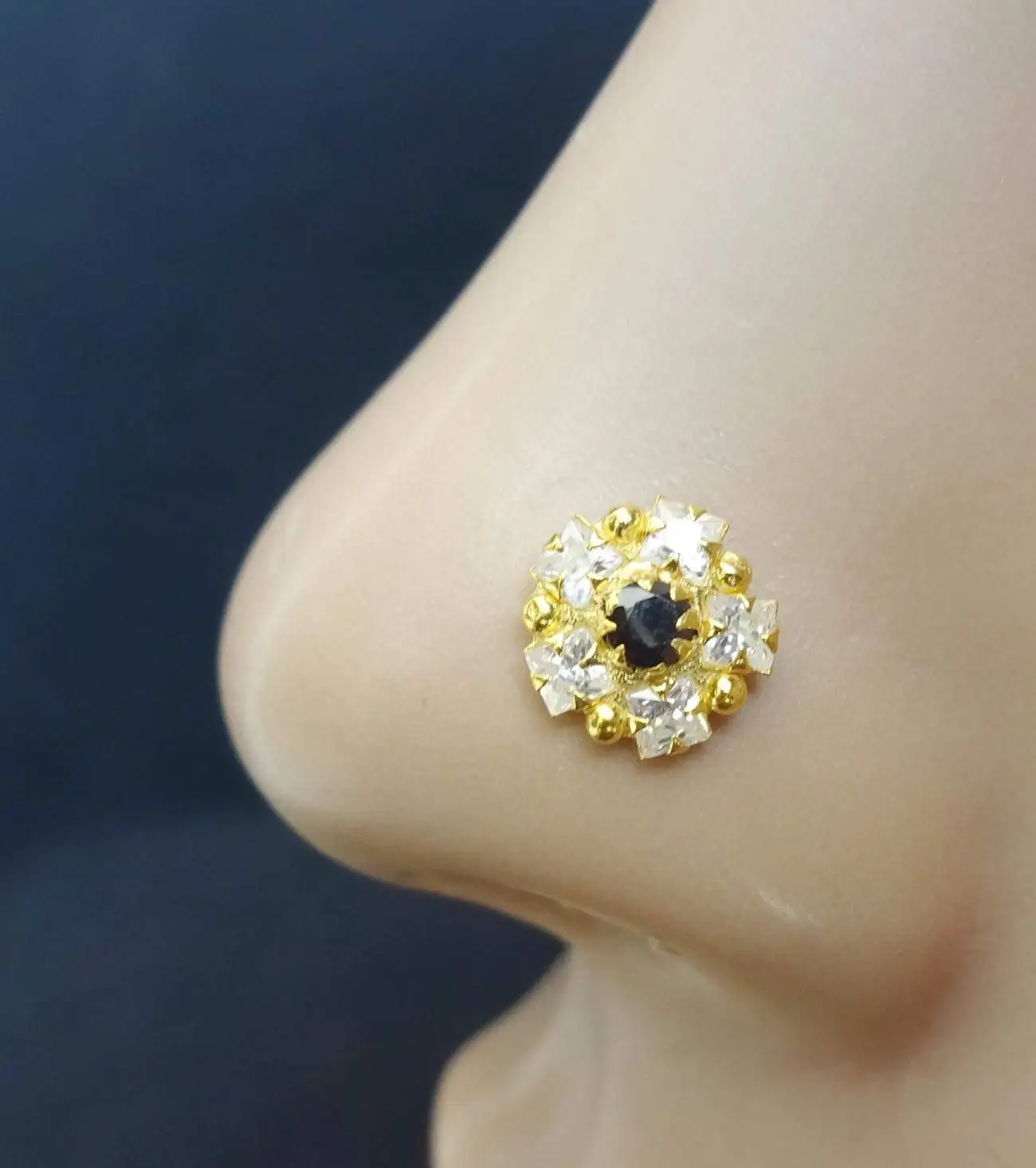 Black Diamond Gold Piercing,Monroe Piercing,Bollywood Nose Ring,Crock Screw Nose Stud,Flower Nose Stud,Gold Nose Ring,White Gold Nose Ring,CZ Simulated Diamond Piercing,Indian Nose Piercing(TEJ617)