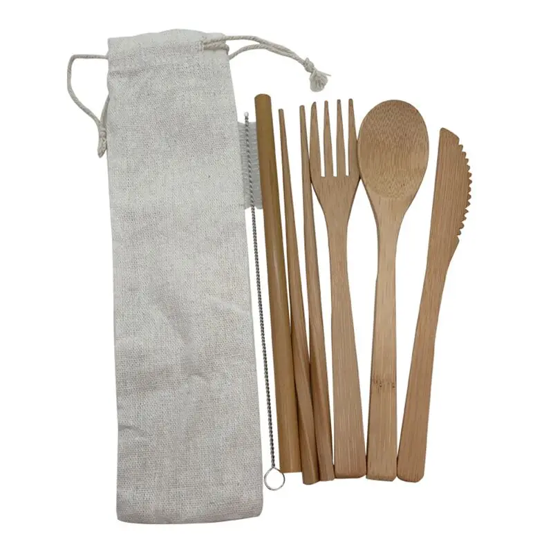6-Pcs Bamboo Utensils Set Reusable Eco Friendly Portable Travel Cutlery Flatware