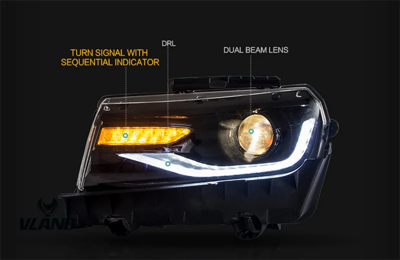 VLAND Factory For Car Headlamp For Camaro Head Light 2012-2015 For Camaro LED Headlight Turn Signal With Sequential Indicator