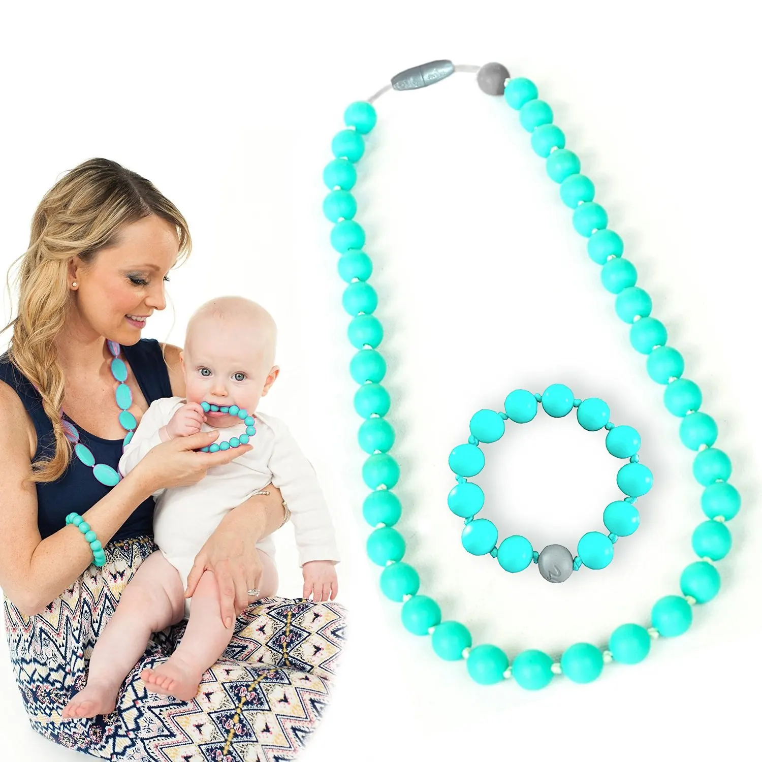 Maven Gifts: Itzy Ritzy Teething Happens Silicone Jewelry Baby Teething Necklace Bead, Turquoise with Itzy Ritzy Teething Happens Silicone Jewelry Baby Teething Bracelet Bead, Turquoise