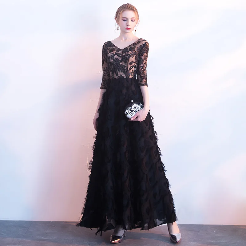 V-neck Evening Dress Long Sleeve Black Lace With Feather Sequins ...