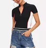 Vintage silver o-ring zip up colorblock crop tee women Custom design embroidered tights t shirt