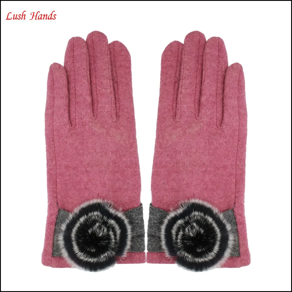 2016 fashionable ladies woolen gloves decorated with fake fur ball for wholesale