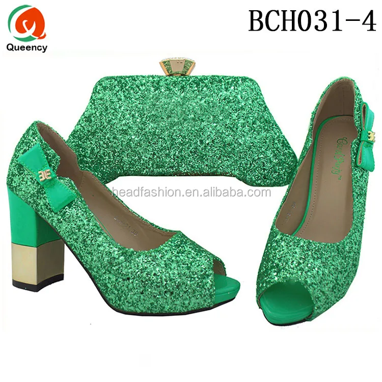 Queency African Ladies Square Heel Matching Set Lemon Green Shoes And