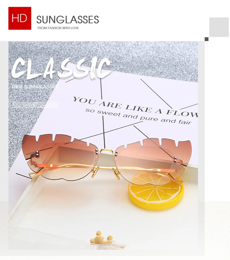Fashion Laef Shaped Fire Rimless Metal Frame Designer Women Sunglasses