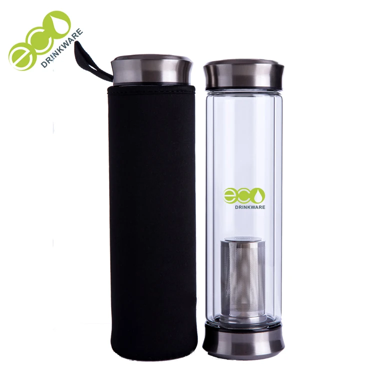 GA6015 Custom logo double wall borosilicate glass infuser drinking tea bottle with tea infuser leather feeling lid