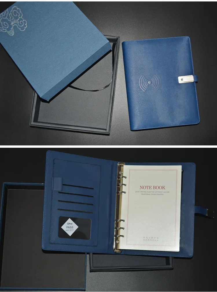 Business Planner A5 PU Cover Notebook 8000mAh Power Bank With LED logo USB Flash Drive Wireless Charging Notebook