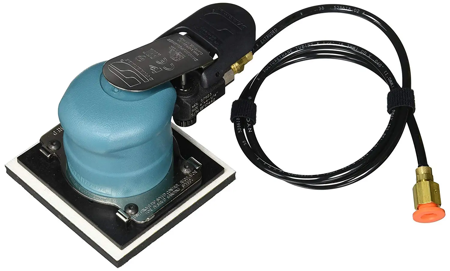 Dynabrade 57923 4" W x 4-1/2" L (102mm x 114mm) Dynabug"Model T" Orbital Sander, Non-Vacuum, 20000 rpm, 3/32" (2mm) Dia. Orbit, Rear Exhaust, Hook-Face Pad