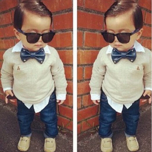 ST102 Free shipping 2014 boy clothes set with a bow tie twinset long sleeve denim set