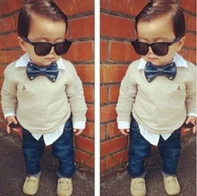 ST102 Free shipping 2014 boy clothes set with a bow tie twinset long sleeve denim set top + jeans children clothjing set kid set