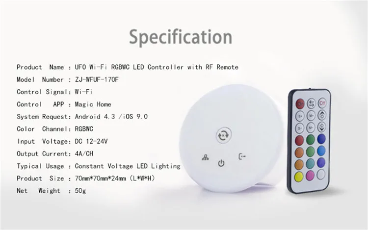 Hot selling! WiFi+RF wifi led rgbw rgb controller with 24key ir remote for led strip 5mm by SmartPhone