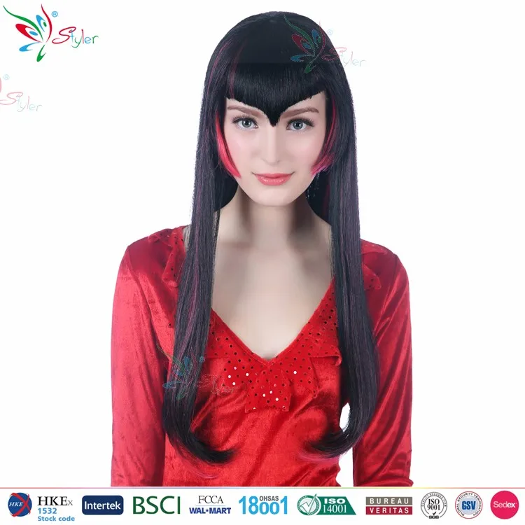 Synthetic Long Black Straight Hair With Red Streaks Gothic Vampire