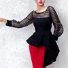 Drop Shipping Patchwork Tops Shirt See Through Thin Tulle Long Sleeve Peplum Lady Blouses