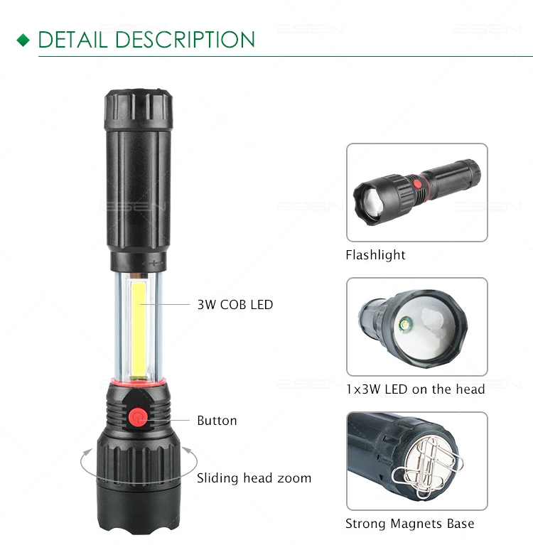 2 in1 3W COB LED Stretchable Flashlight Torch Working Lamp with Strong Magnet 