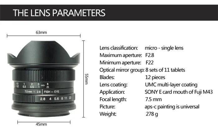 7artisans 7.5mm F2.8 Fisheye Lens 180 Aps-c Manual Fixed Lens For E