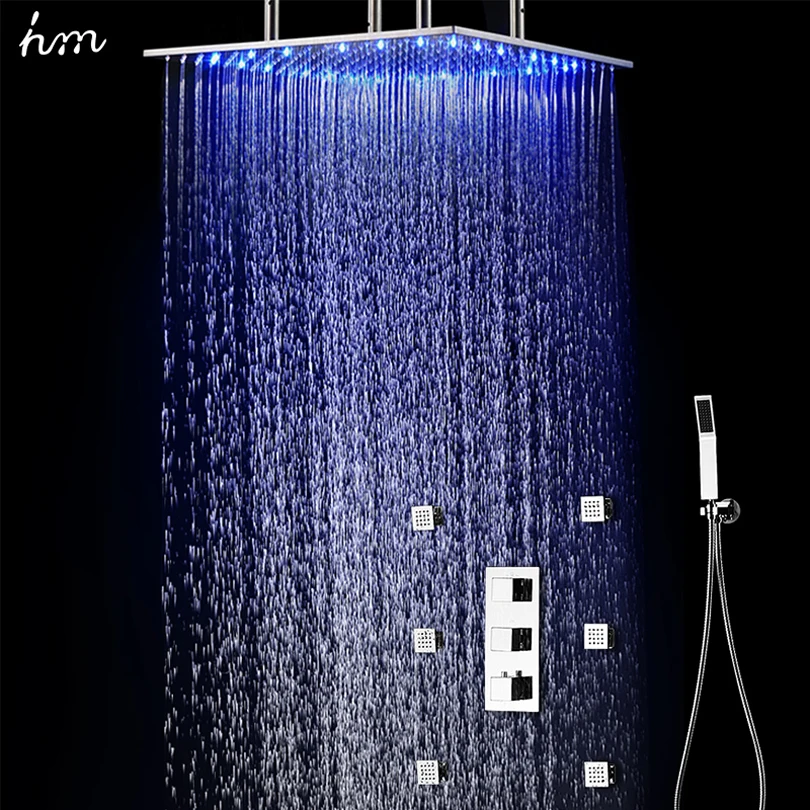 Bathroom Stainless Steel Led Thermostatic Smart Changing Colour Overhead Shower Rainfall And Lateral Jet Mode Shower Set