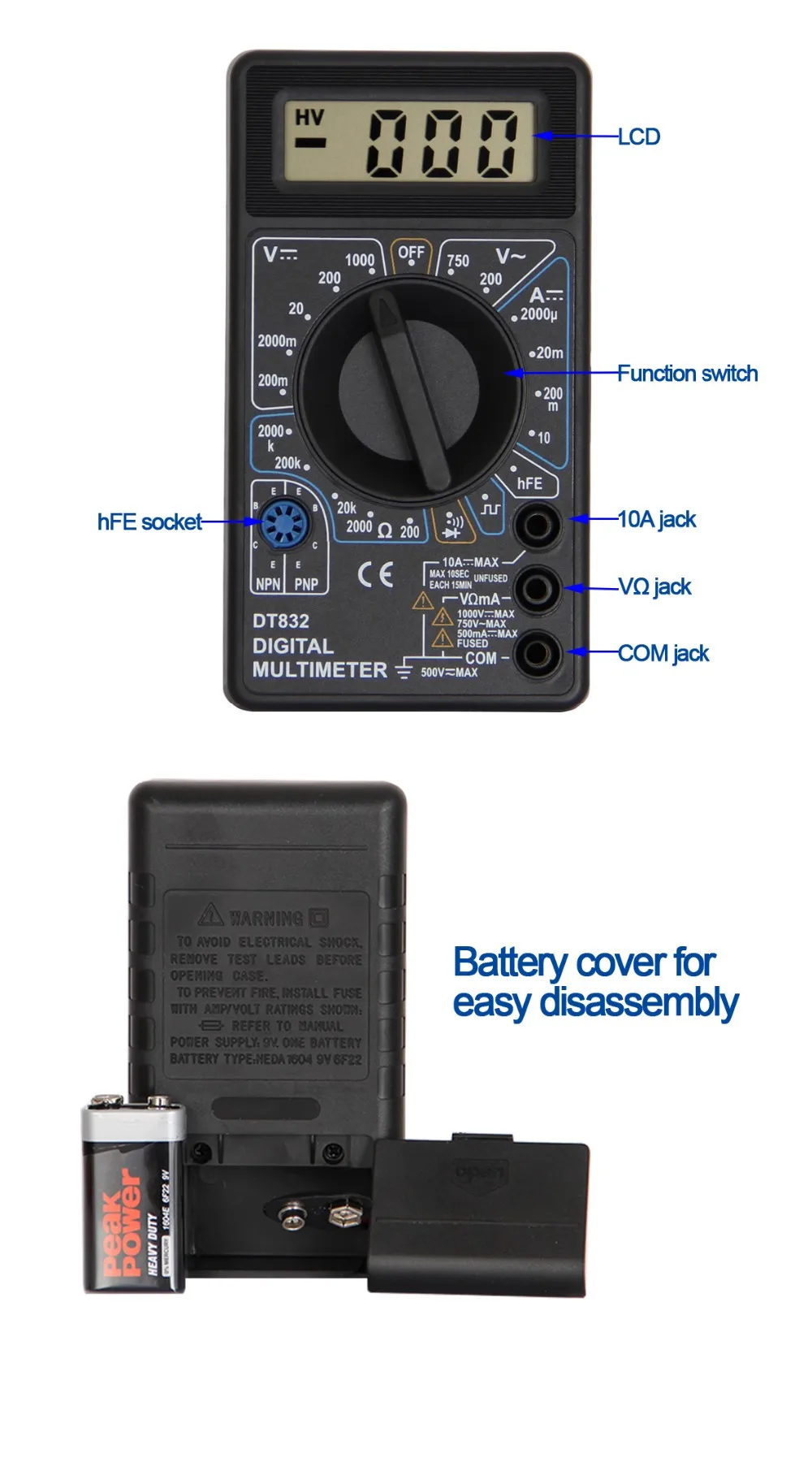 Removable Battery Lid Popular Digital Multimeter Dt832 Dt830d With