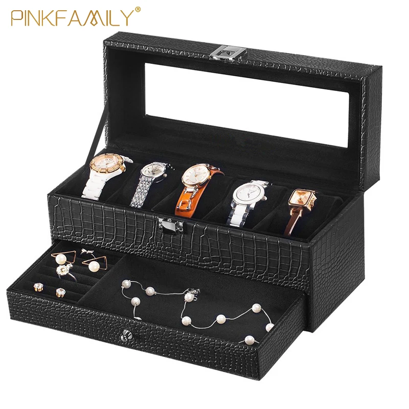 Faux Crocodile Leather Glass Lid 5-Slot Watch Box Bottom Jewelry Tray Display Showcase Black