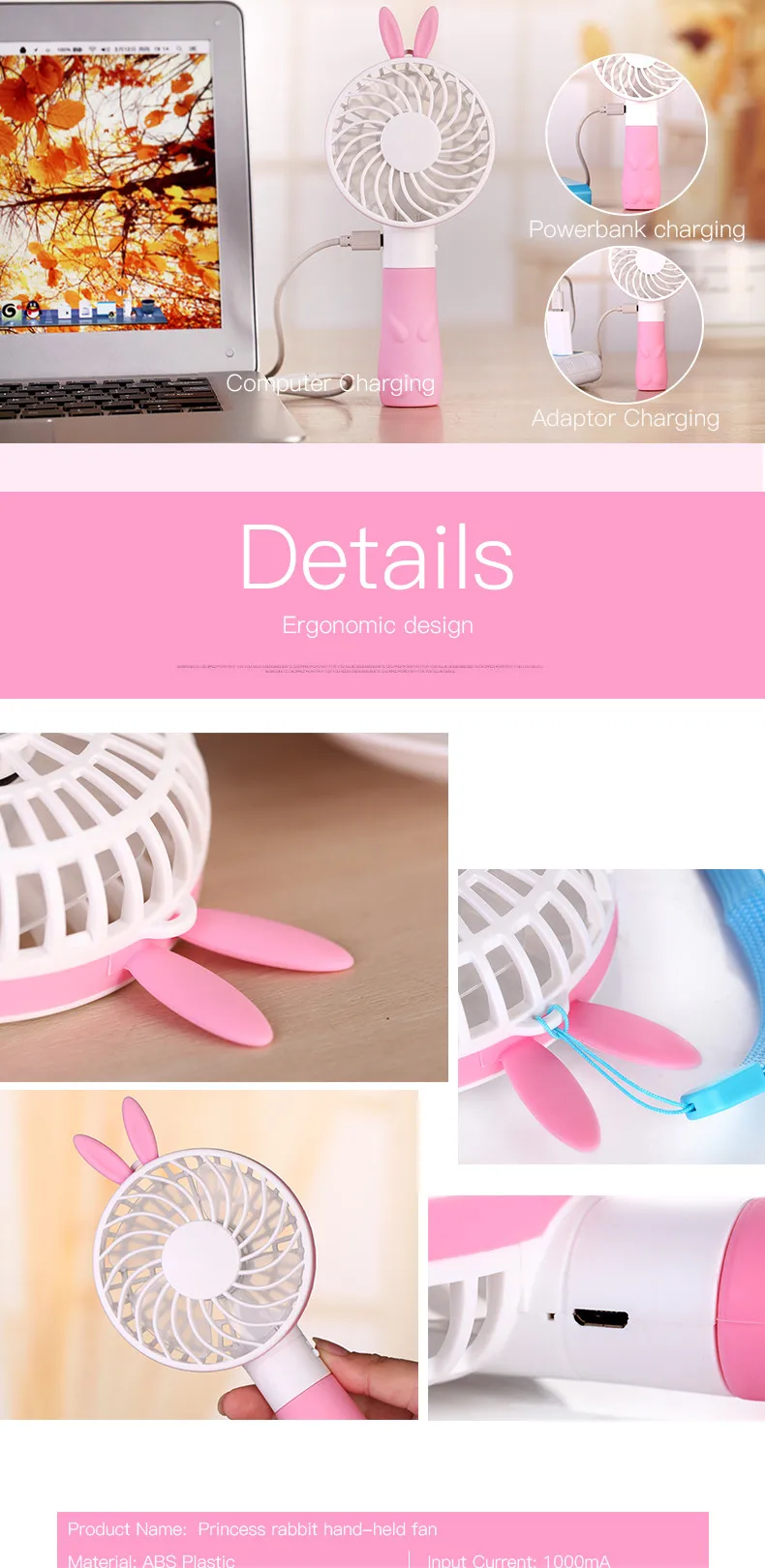 Portable 2 in 1 usb mini fan Motor Better for baby cute rabbit ears handheld mini fan rechargeble battery