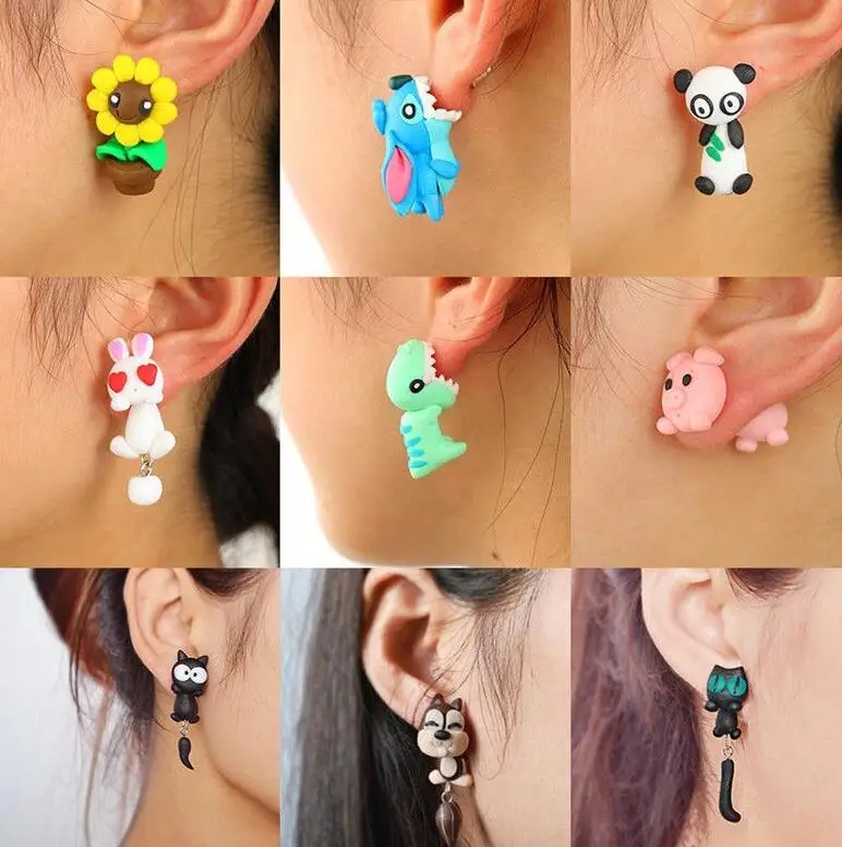 Lovely Women Girl 3D Cartoon Animal Fox Cat Polymer Clay Ear Stud Earrings