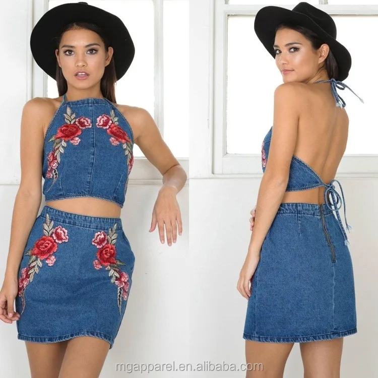 Fashion floral skirt and crop top ,women flower embroidered mini denim skirt 