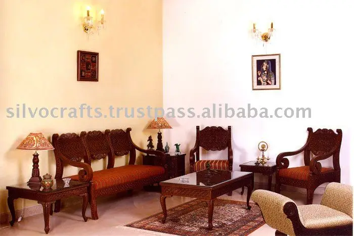 Indian Teak Wood Hand Carved Living Room Furniture With Sofa Set Chairs Coffee Table Side Rajasthan