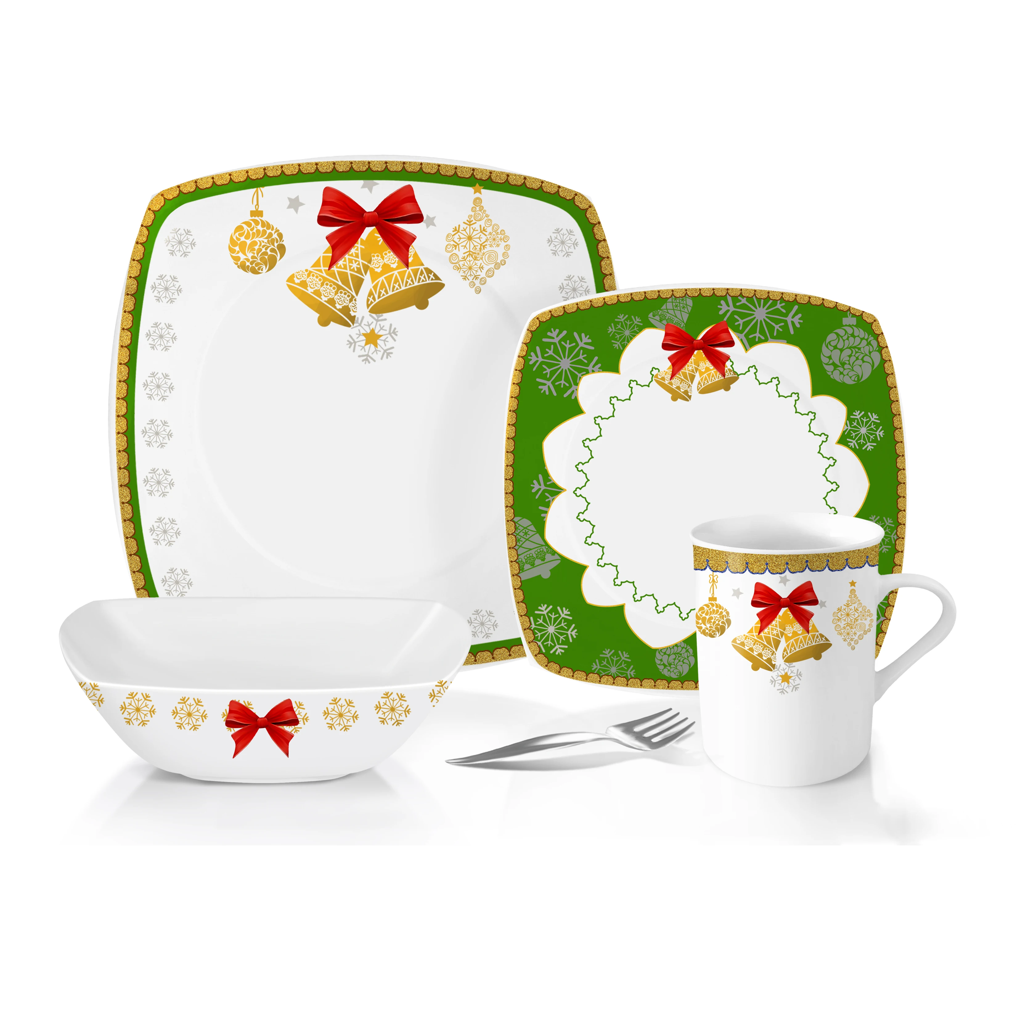 16pcs Square Porcelain Dinnerware Set Royal Christmas Plates With Bowls
