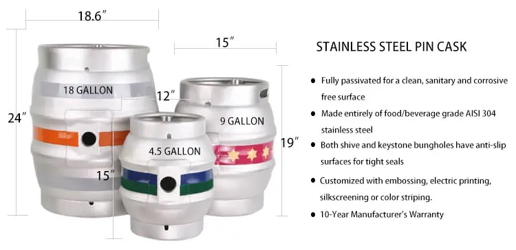 Stainless Steel Kilderkin 4.5 /9 /18  Gal Pin Beer Keg Cask