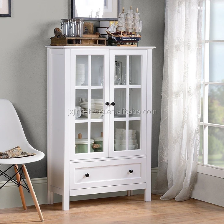 China White Wooden Display Storage Cabinets With Glass Doors