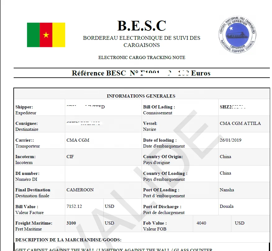 
CNCC ECTN APPLICATION FORM -- CAMEROON BORDEREAU DE SUIVI DE CARGAISON (BESC)ELECTRONIC CARGO TRACKING NOTE (ECTN) 