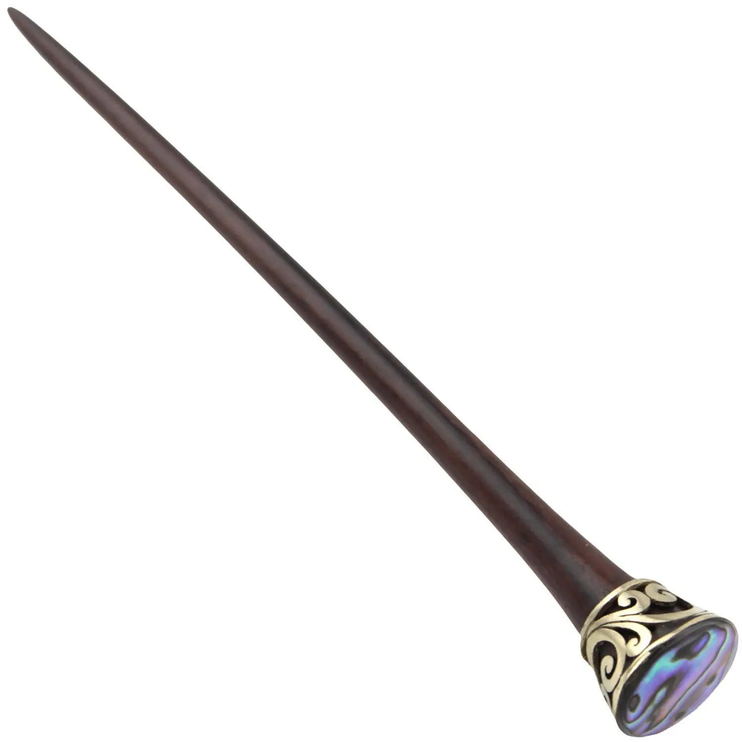 Evolatree - Hand Carved Sono Wood Hair Stick - Round Abalone Shell - Steel Filigree Wrap - 7"