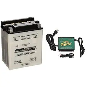 Power-Sonic CB14-A2 Conventional Powersport Battery and Battery Tender 022-0157-1 Waterproof 12 Volt Power Tender Plus Battery Charger Bundle