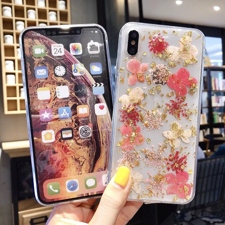 Transparent Clear Gold Foil Dry Flower Pink Floral Mobile Phone Case ...