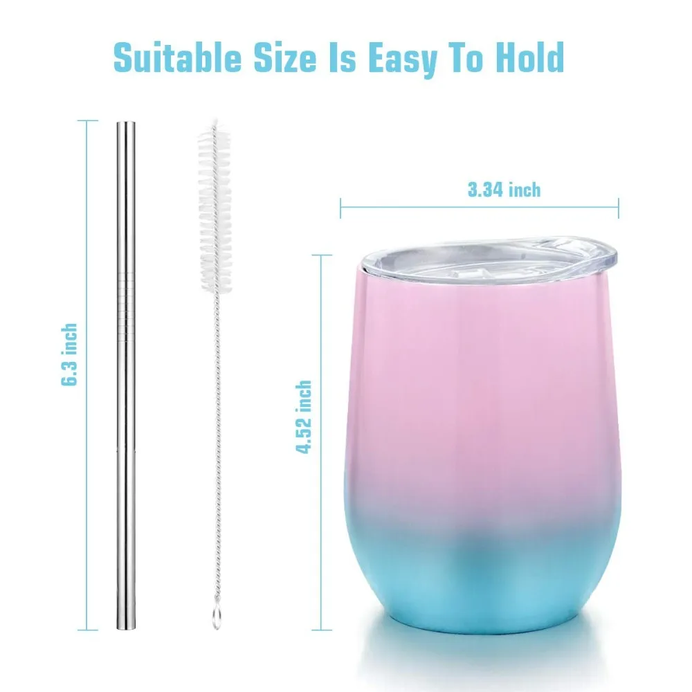 4 Pack Stemless Wine Tumbler Straw,12oz Stainless Steel Wine Glass With