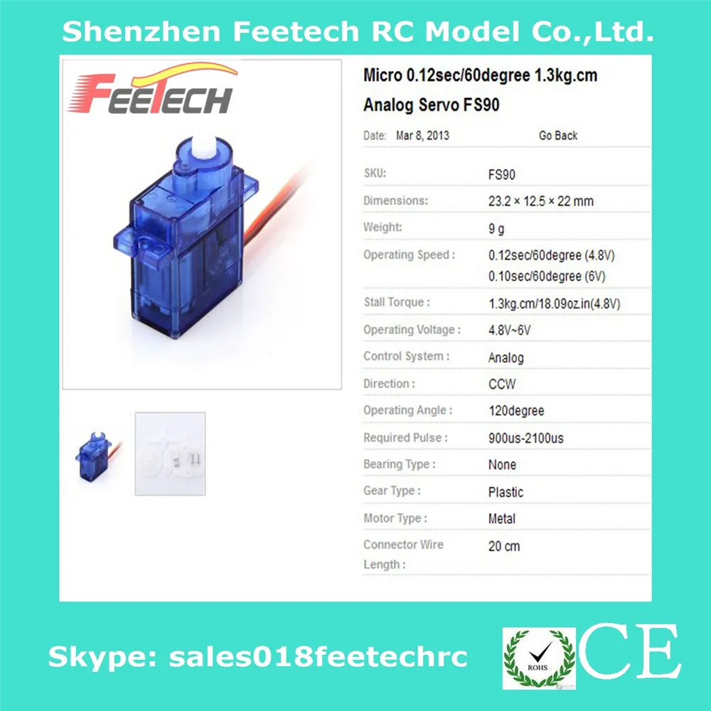 Feetech Fs90 High Quality 9g Mini Servo Motor With Low Price Sg90 Servo