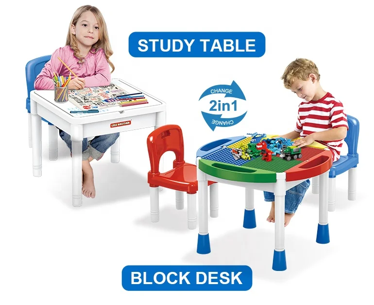 Multifunction Kids Plastic Study Playing Compatible Building Blocks Table with Chair