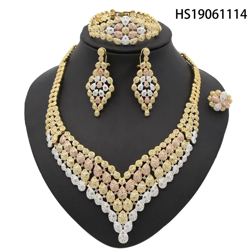 Latest Luxury Big Dubai Gold Plated Crystal Necklace Jewelry Sets ...