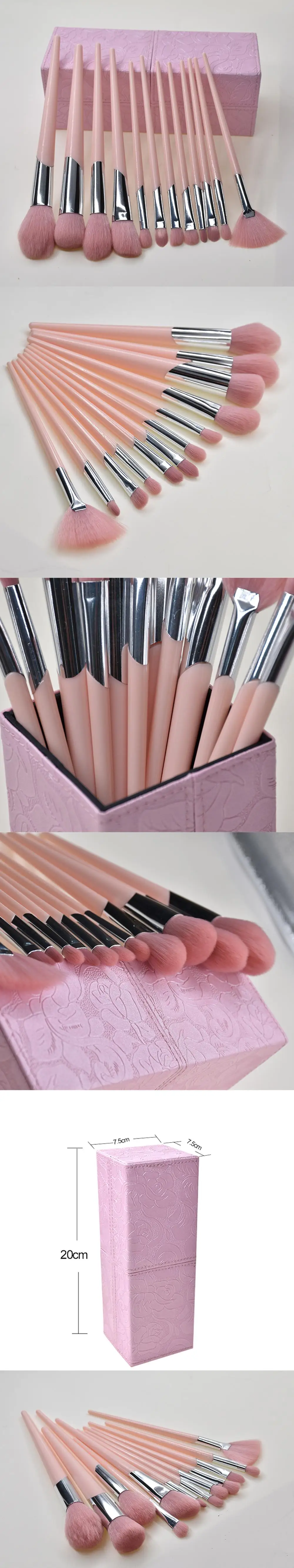 Beautiful 12pcs Pink Girls Makeup Contour Brush Kits Set with Magnetic Square Makeup Holder