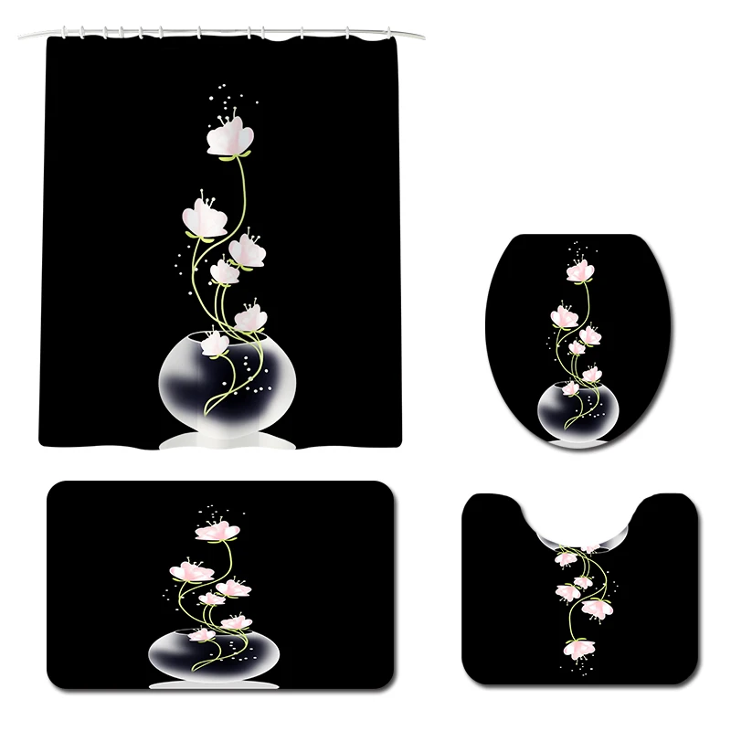 Black Lotus Printing Toilet Pad Cover Bath Mat Shower Curtain Set for Bathroom Decoration