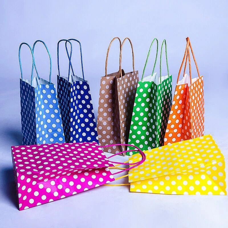 Custom Logo Colorful Tote Polka Dot Food Kraft Gift Paper Bags With Handle