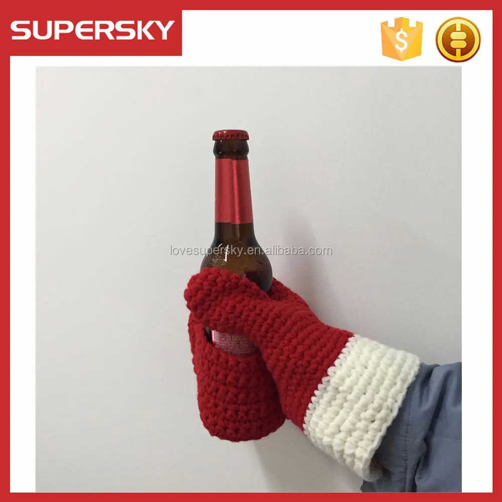 E59 Crochet Beer Mittens Koozie Mitten With The Drink Cozy Five Fingers