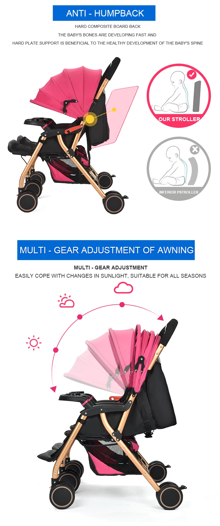 Custom Luxury Various Color Double Twin Stroller With Multi - Gear Adjustable Awning